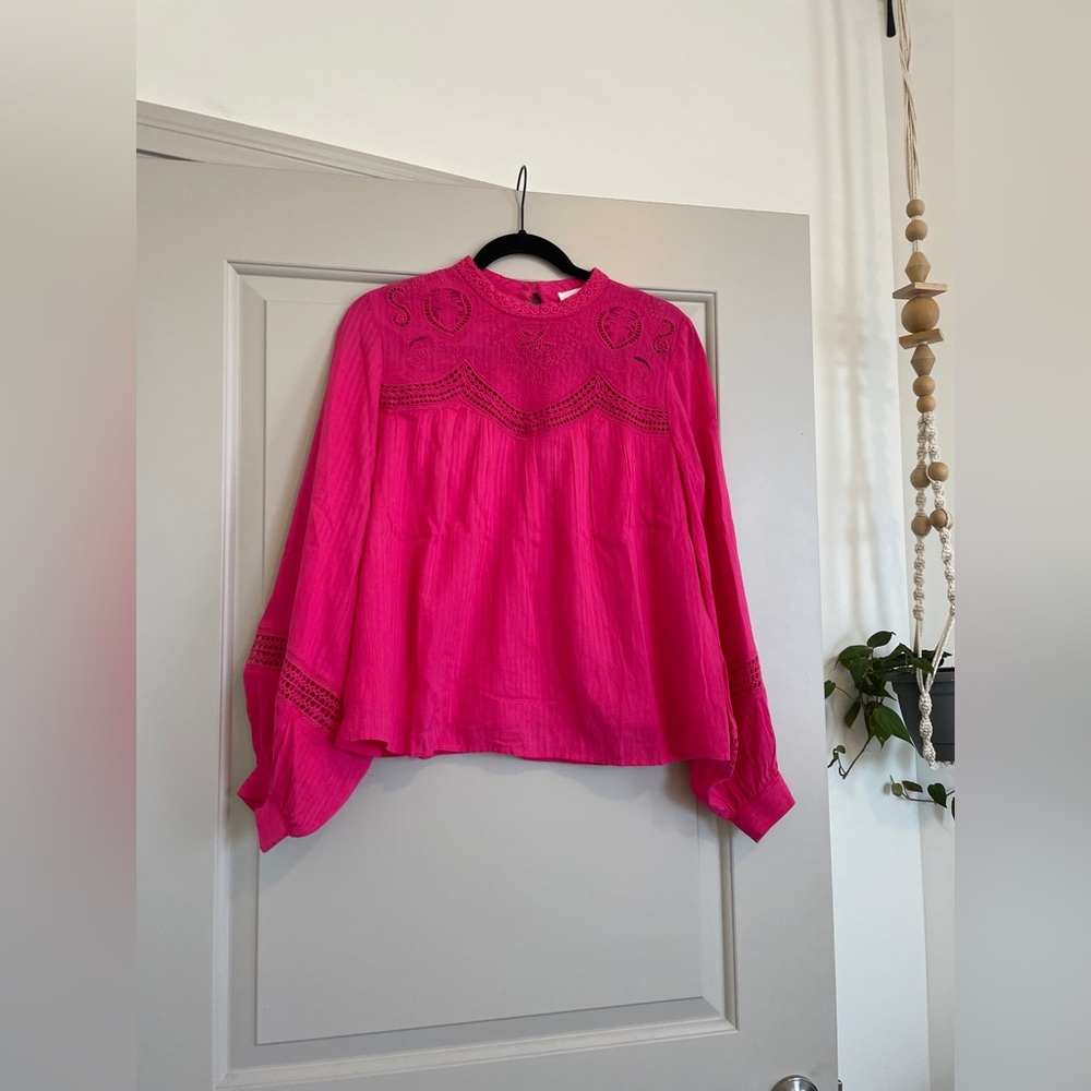 Magenta Anthropologie Embroidered Balloon Sleeve Mock Neck Blouse